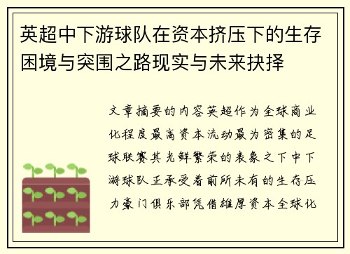 英超中下游球队在资本挤压下的生存困境与突围之路现实与未来抉择